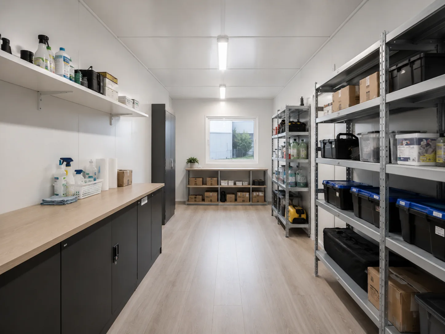 Bodega modular equipada con estantería y almacenamiento