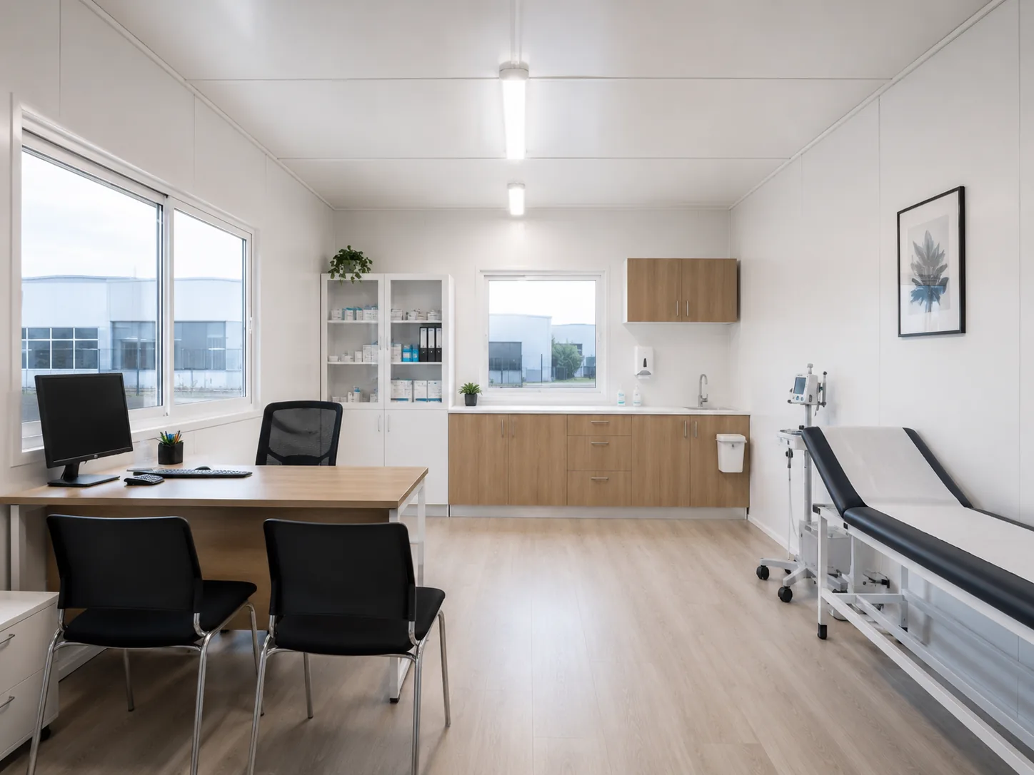 Consultorio médico modular equipado para atención básica