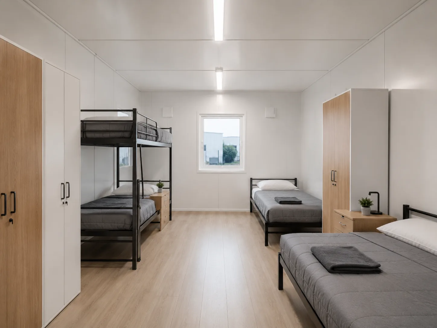 Dormitorio modular dotado con camas y almacenamiento