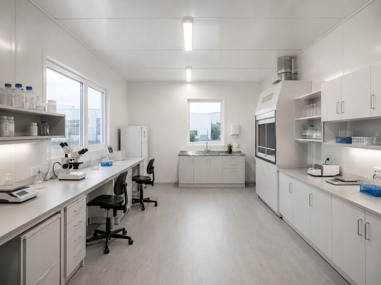 Laboratorio modular equipado con mesones y mobiliario técnico