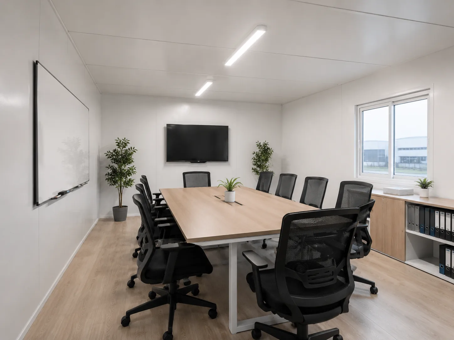 Sala de reuniones modular equipada con mesa, sillas y tablero